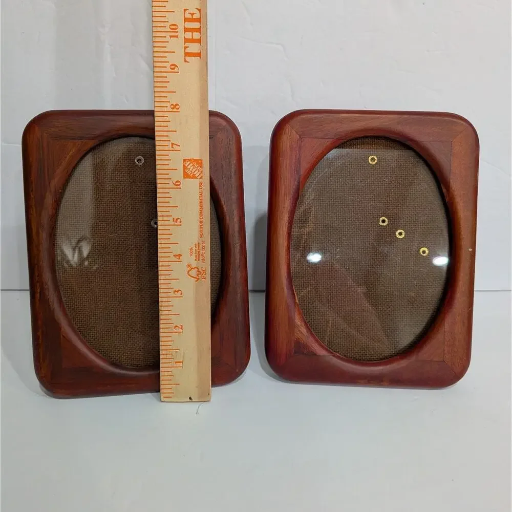 Vintage MCM Teak Oval Opening Picture Frame Pair Tabletop Wall 5x7